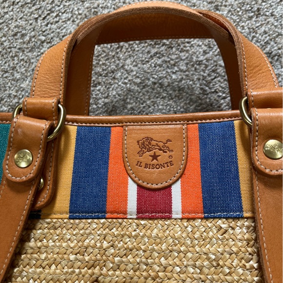 Il Bisonte Natural Straw Basket / Tote with Multicolor Trim and leather straps. - Picture 3 of 9